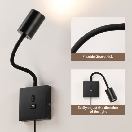 Nástenné svietidlo PUNTO s USB 1xGU10/9W/230V čierne