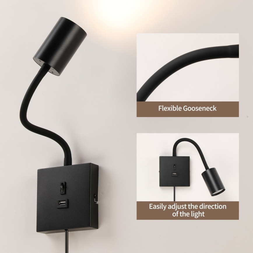Nástenné svietidlo PUNTO s USB 1xGU10/9W/230V čierne