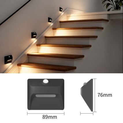LED nabíjateľné schodiskové svietidlo s pohybovým a súmrakovým senzorom STEP LIGHT LED/0,3W/3,7V 2200 mAh IP53 čierna