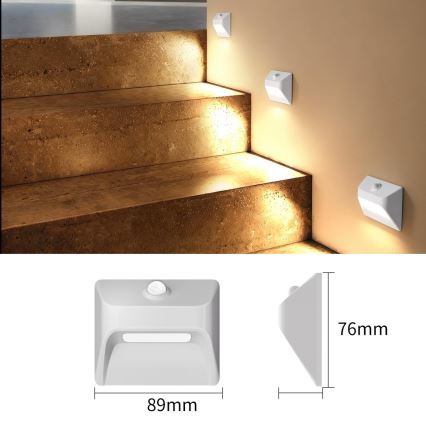 Nabíjateľné LED schodiskové svietidlo so snímačom pohybu a súmraku STEP LIGHT LED/0,3W/3,7V 2200 mAh IP53 biela