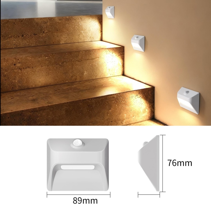Nabíjateľné LED schodiskové svietidlo so snímačom pohybu a súmraku STEP LIGHT LED/0,3W/3,7V 2200 mAh IP53 biela