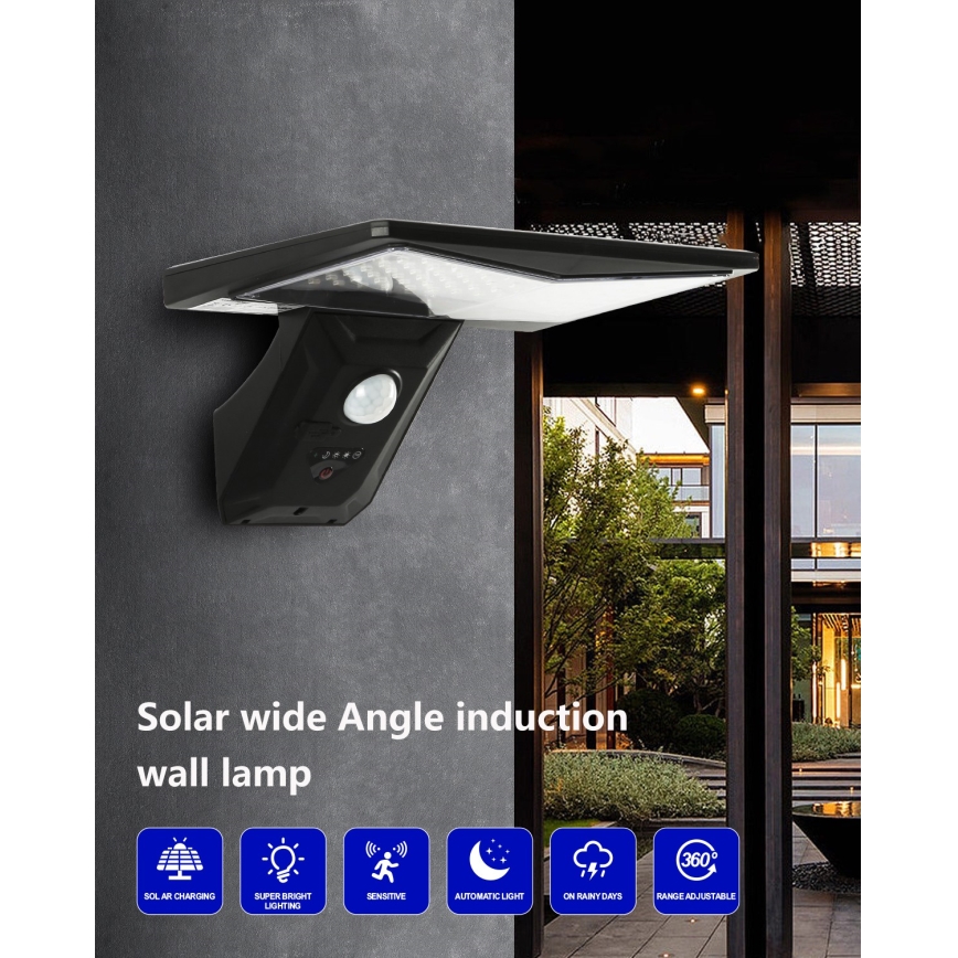 LED Solárne nástenné svietidlo so senzorom LED/2,6W/5,5V IP65 1800 mAh čierna
