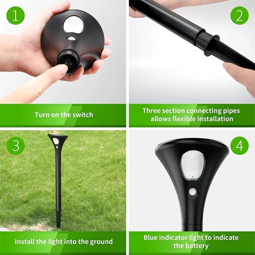 Záhradné svetlo sa skladá, zapína, umiestňuje do zeme. Trojdielny stojan umožňuje flexibilnú inštaláciu. Modrý indikátor signalizuje batériu.