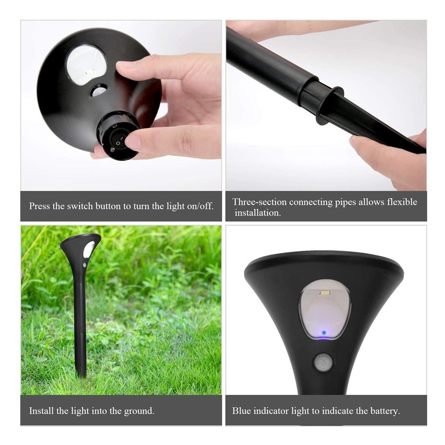 Záhradné solárne svetlo sa zapína/vypína tlačidlom. Trojdíelna konštrukcia umožňuje flexibilnú inštaláciu do zeme. Modrý indikátor signalizuje stav batérie.