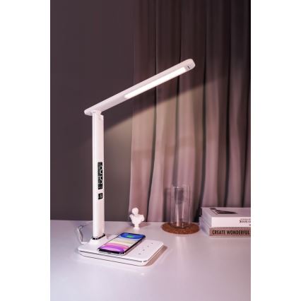 LED Stmievateľná lampa s bezdrôtovým nabíjaním QI a USB KINGFISHER LED/8,5W/230V biela