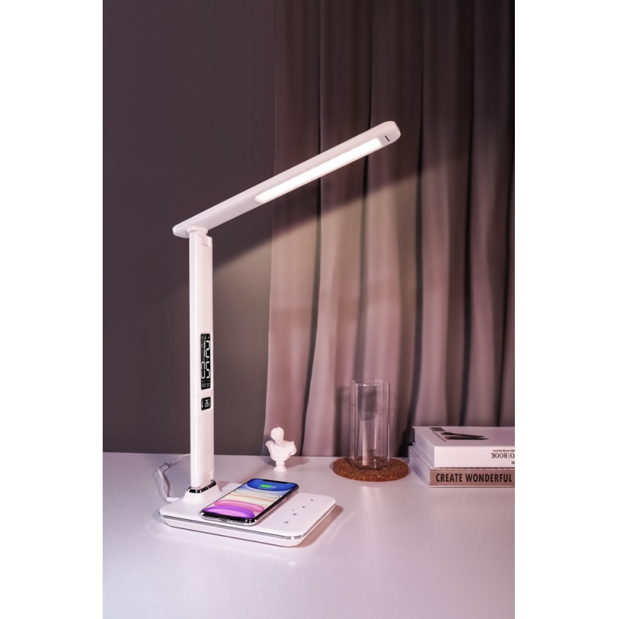 LED Stmievateľná lampa s bezdrôtovým nabíjaním QI a USB KINGFISHER LED/8,5W/230V biela