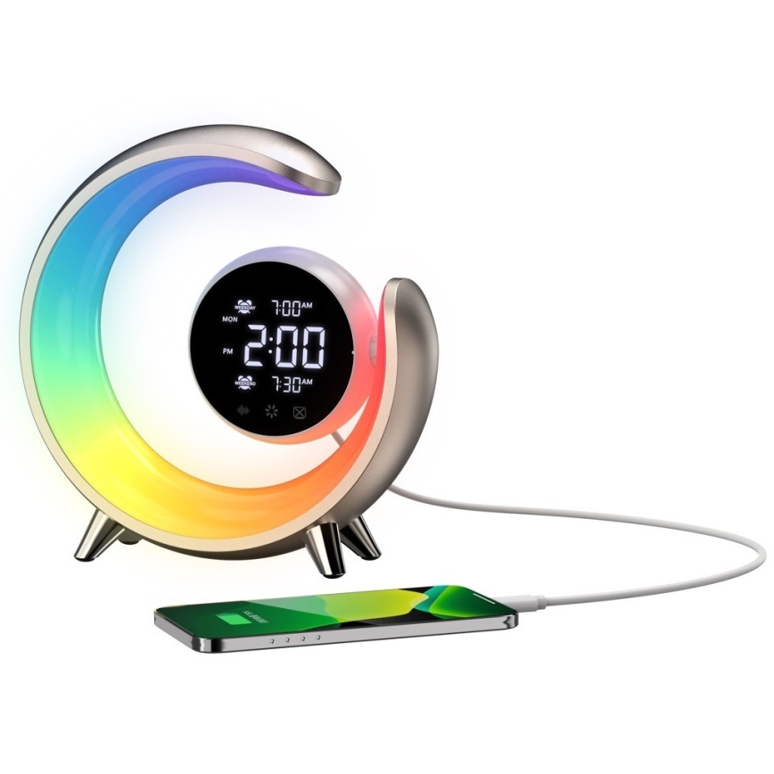 LED RGBW Stmievaľná stolná lampa s budíkom PEACOCK LED/20W/5V USB