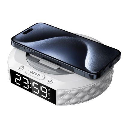 Budík s LCD displejom a bezdrôtovou Qi nabíjačkou 27W/9V biela