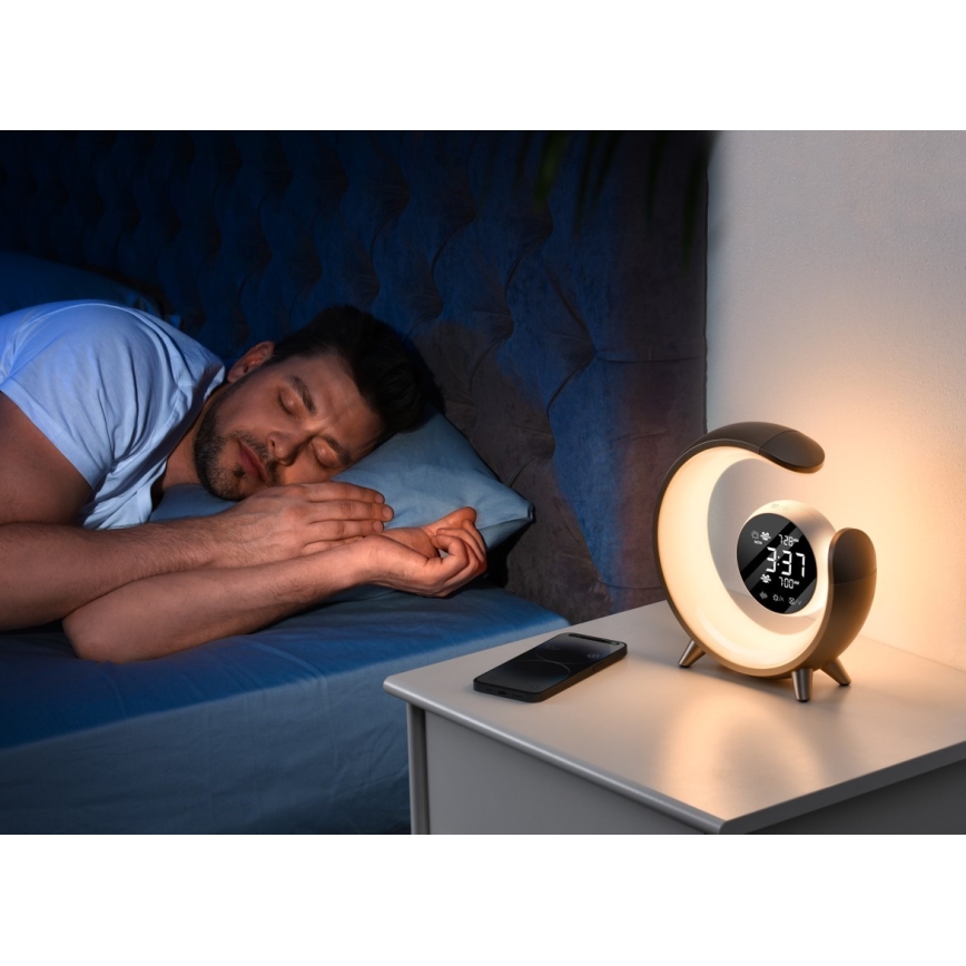 LED RGBW stmievateľná stolná lampa s budíkom LED/20W/5V USB strieborná
