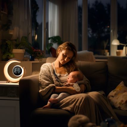 LED RGBW stmievateľná stolná lampa s budíkom LED/20W/5V USB strieborná