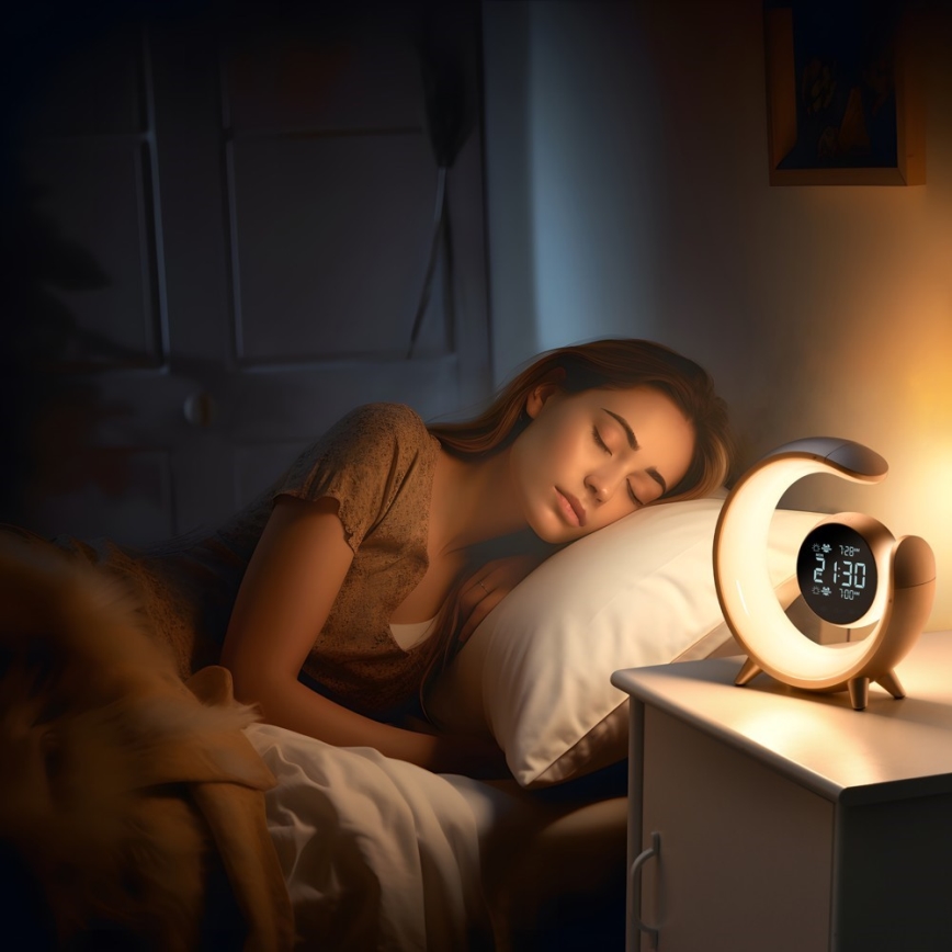 LED RGBW stmievateľná stolná lampa s budíkom LED/20W/5V USB strieborná