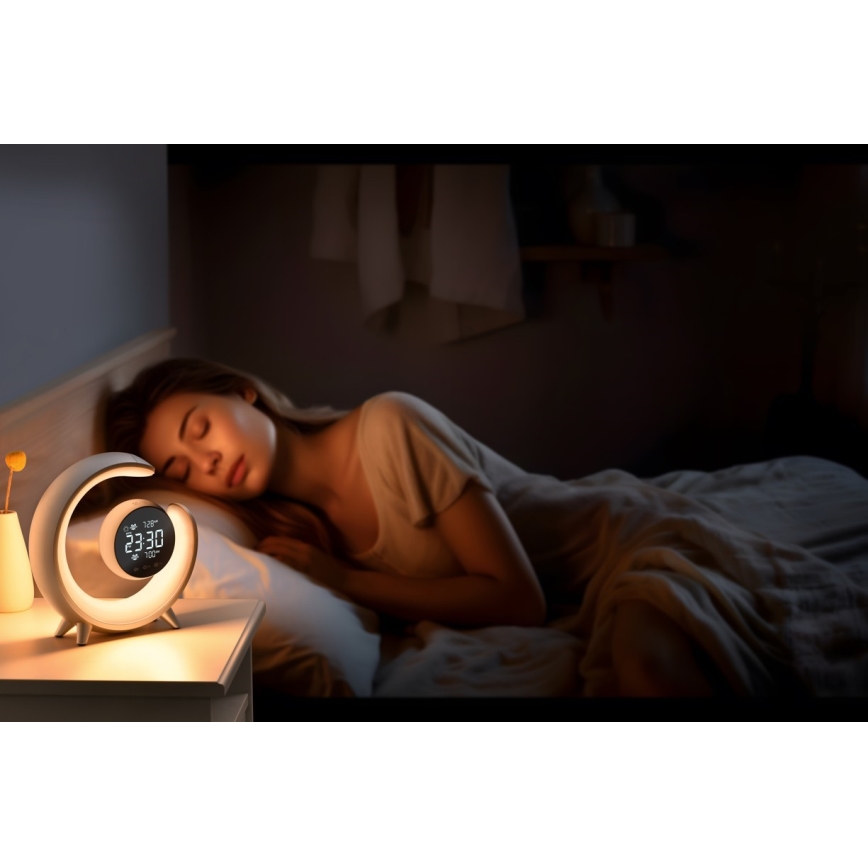 LED RGBW stmievateľná stolná lampa s budíkom LED/20W/5V USB strieborná