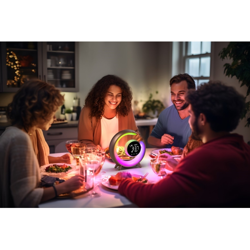 LED RGBW stmievateľná stolná lampa s budíkom LED/20W/5V USB strieborná
