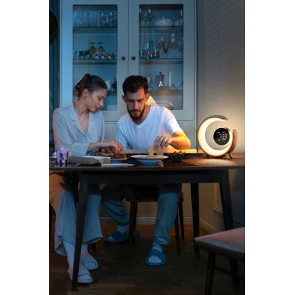 LED RGBW stmievateľná stolná lampa s budíkom LED/20W/5V USB strieborná