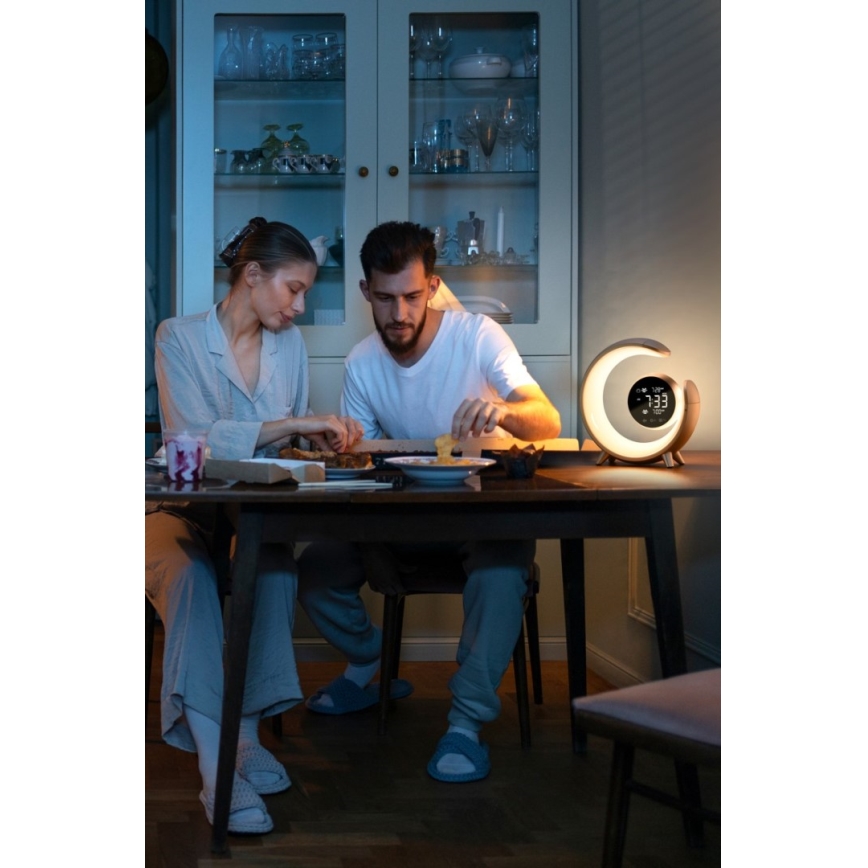 LED RGBW stmievateľná stolná lampa s budíkom LED/20W/5V USB strieborná