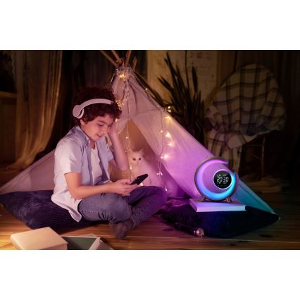 LED RGBW stmievateľná stolná lampa s budíkom LED/20W/5V USB strieborná