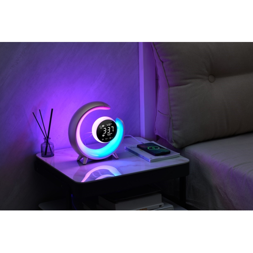 LED RGBW stmievateľná stolná lampa s budíkom LED/20W/5V USB strieborná