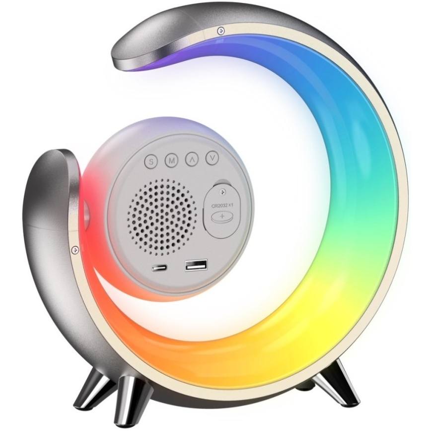 LED RGBW stmievateľná stolná lampa s budíkom LED/20W/5V USB strieborná