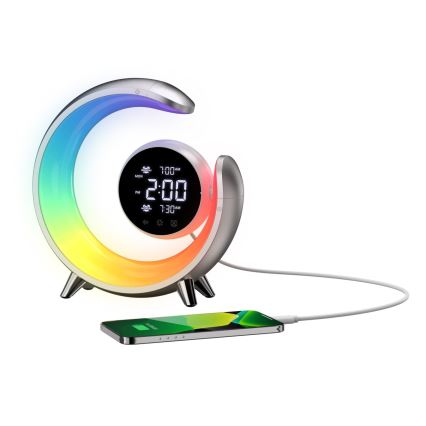 LED RGBW stmievateľná stolná lampa s budíkom LED/20W/5V USB strieborná