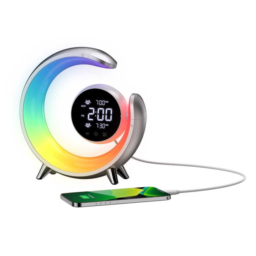 LED RGBW stmievateľná stolná lampa s budíkom LED/20W/5V USB strieborná