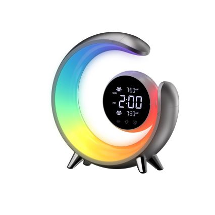 LED RGBW stmievateľná stolná lampa s budíkom LED/20W/5V USB strieborná