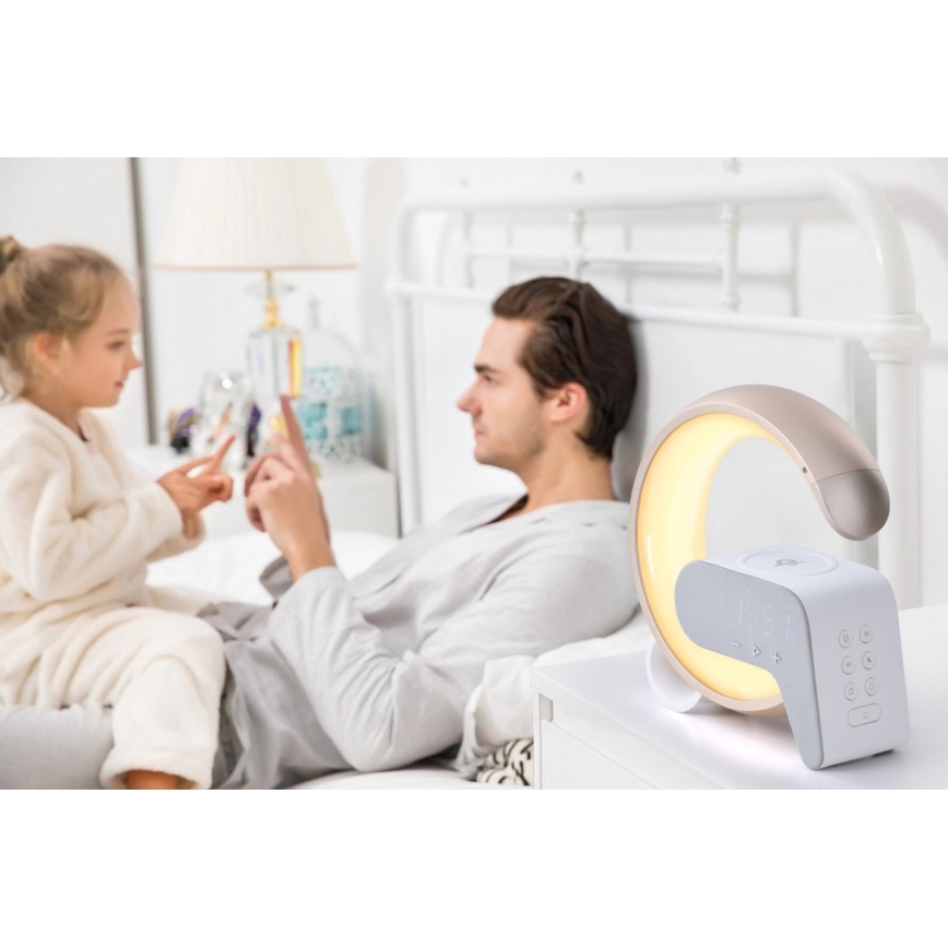 LED RGB Stmievateľná stolná lampa s budíkom a Qi nabíjaním 30W/230V zlatá
