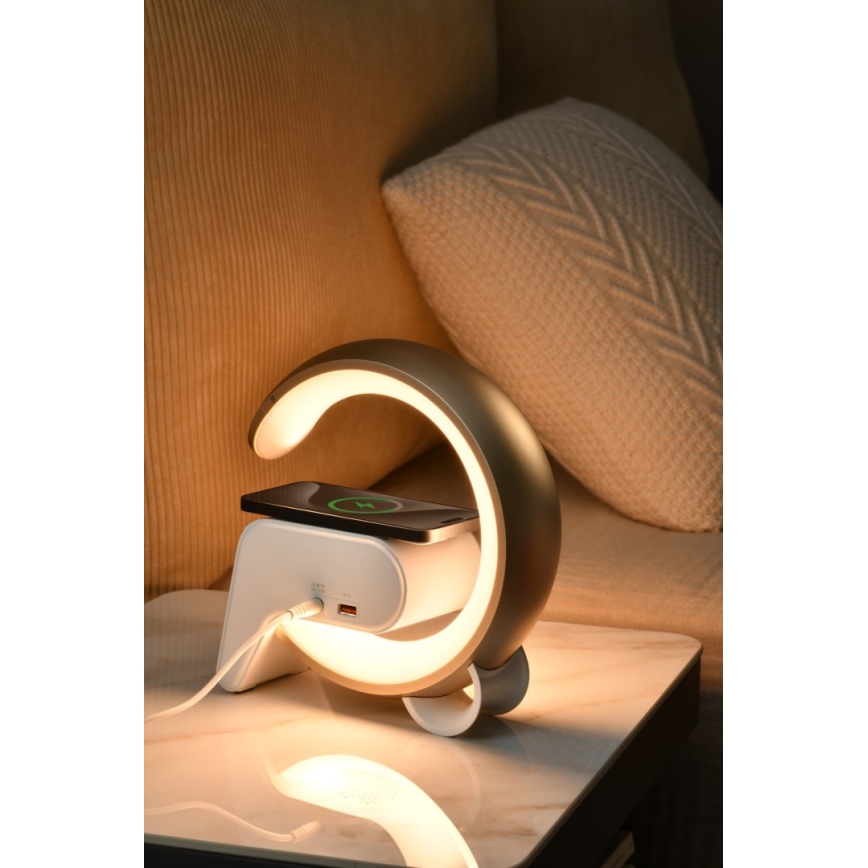 LED RGB Stmievateľná stolná lampa s budíkom a Qi nabíjaním 30W/230V zlatá