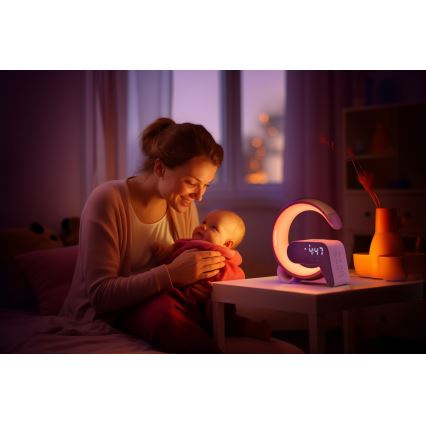 LED RGB Stmievateľná stolná lampa s budíkom a Qi nabíjaním 30W/230V zlatá