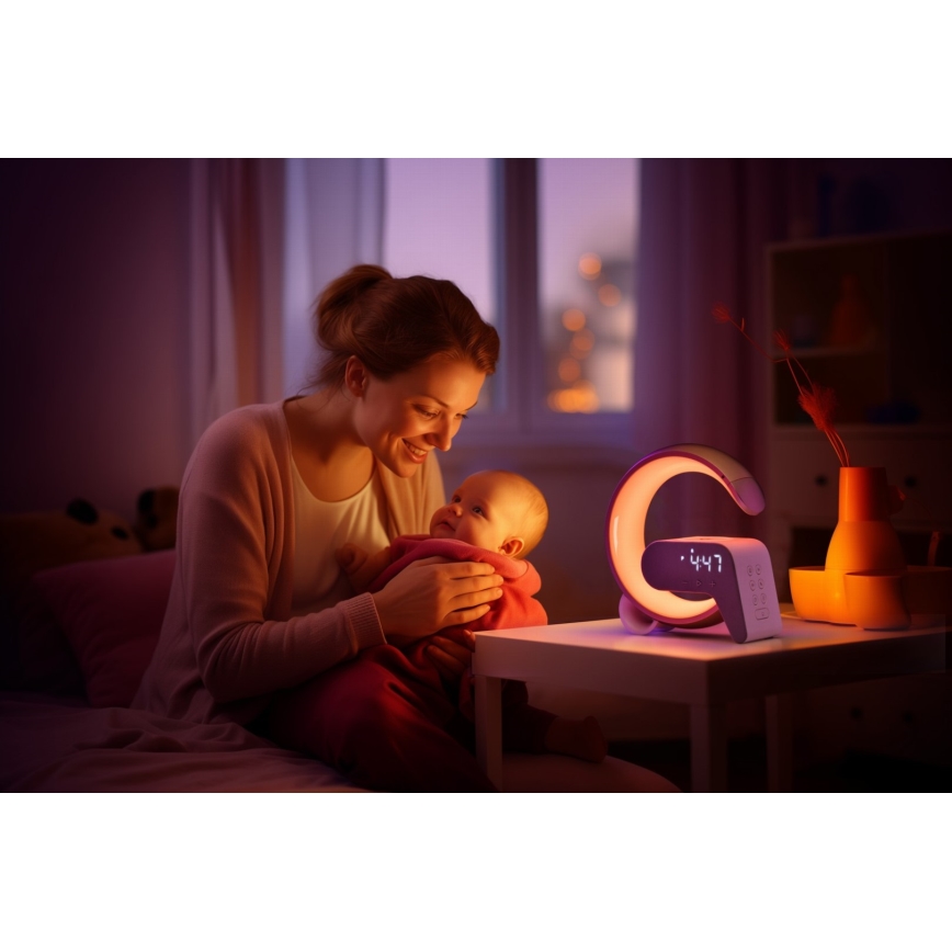 LED RGB Stmievateľná stolná lampa s budíkom a Qi nabíjaním 30W/230V zlatá