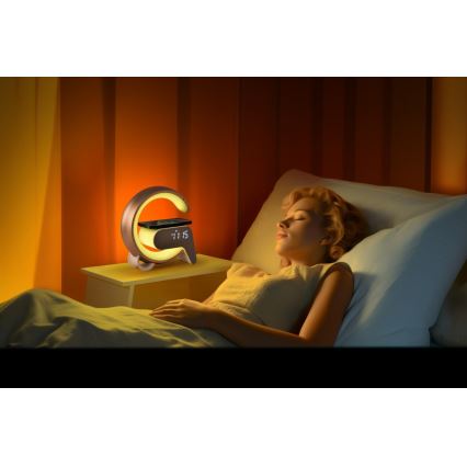 LED RGB Stmievateľná stolná lampa s budíkom a Qi nabíjaním 30W/230V zlatá