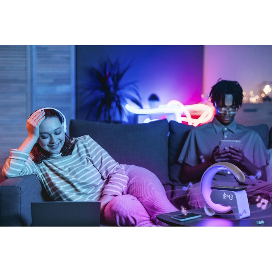 LED RGB Stmievateľná stolná lampa s budíkom a Qi nabíjaním 30W/230V zlatá
