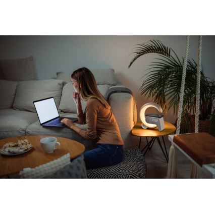 LED RGB Stmievateľná stolná lampa s budíkom a Qi nabíjaním 30W/230V zlatá