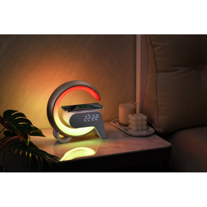 LED RGB Stmievateľná stolná lampa s budíkom a Qi nabíjaním 30W/230V zlatá