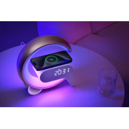 LED RGB Stmievateľná stolná lampa s budíkom a Qi nabíjaním 30W/230V zlatá