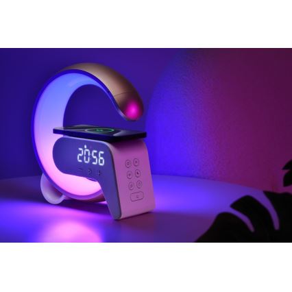 LED RGB Stmievateľná stolná lampa s budíkom a Qi nabíjaním 30W/230V zlatá