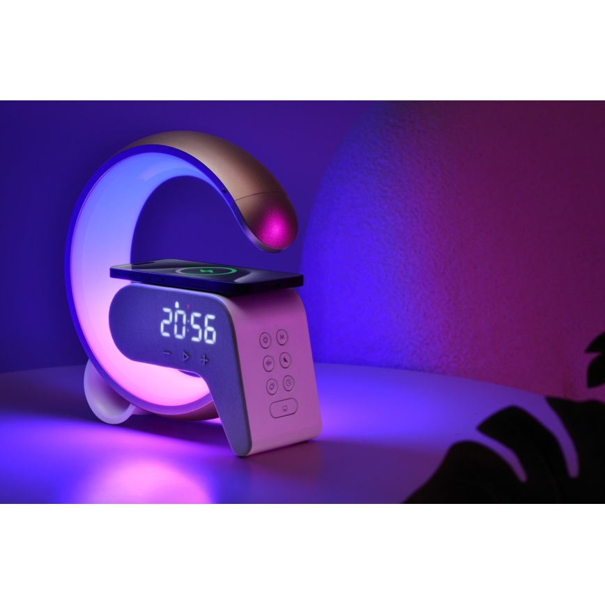 LED RGB Stmievateľná stolná lampa s budíkom a Qi nabíjaním 30W/230V zlatá
