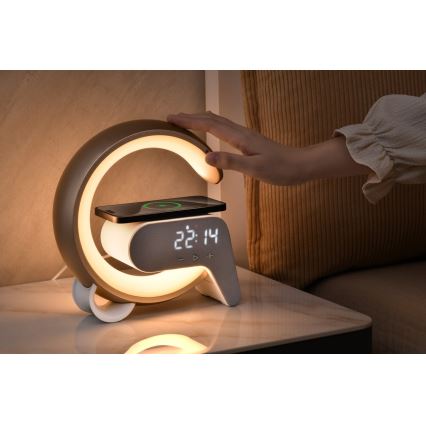 LED RGB Stmievateľná stolná lampa s budíkom a Qi nabíjaním 30W/230V zlatá