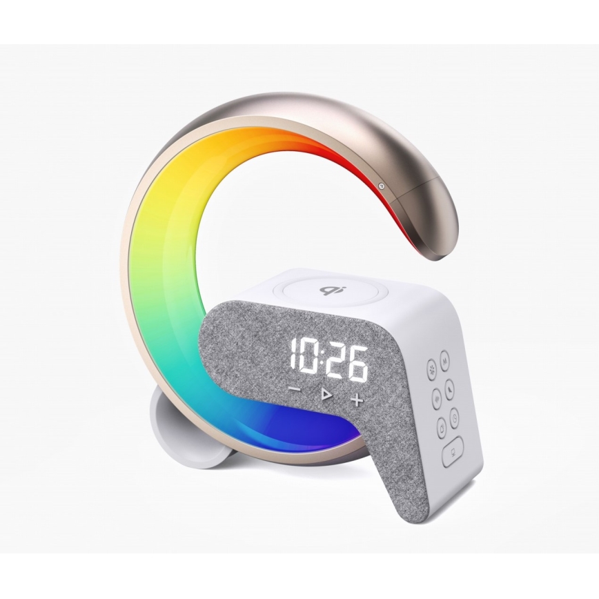LED RGB Stmievateľná stolná lampa s budíkom a Qi nabíjaním 30W/230V zlatá