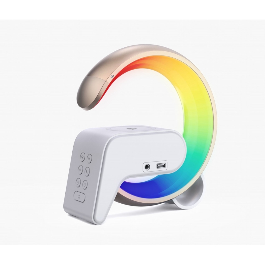 LED RGB Stmievateľná stolná lampa s budíkom a Qi nabíjaním 30W/230V zlatá