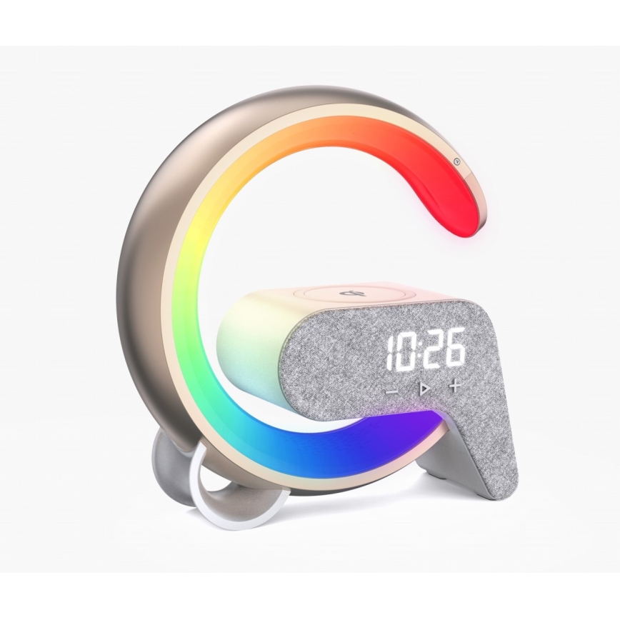 LED RGB Stmievateľná stolná lampa s budíkom a Qi nabíjaním 30W/230V zlatá