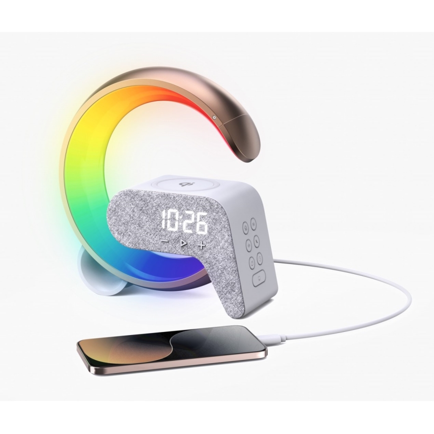 LED RGB Stmievateľná stolná lampa s budíkom a Qi nabíjaním 30W/230V zlatá