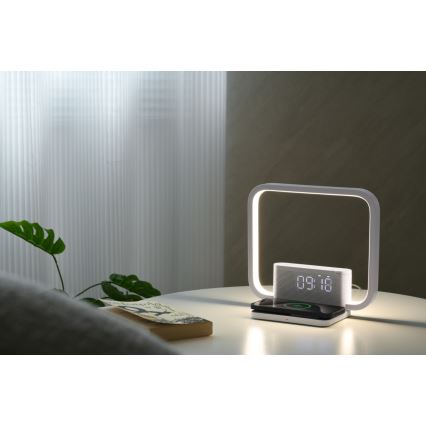 LED Stmievateľná stolná lampa s budíkom a Qi nabíjaním LED/18W/230V biela