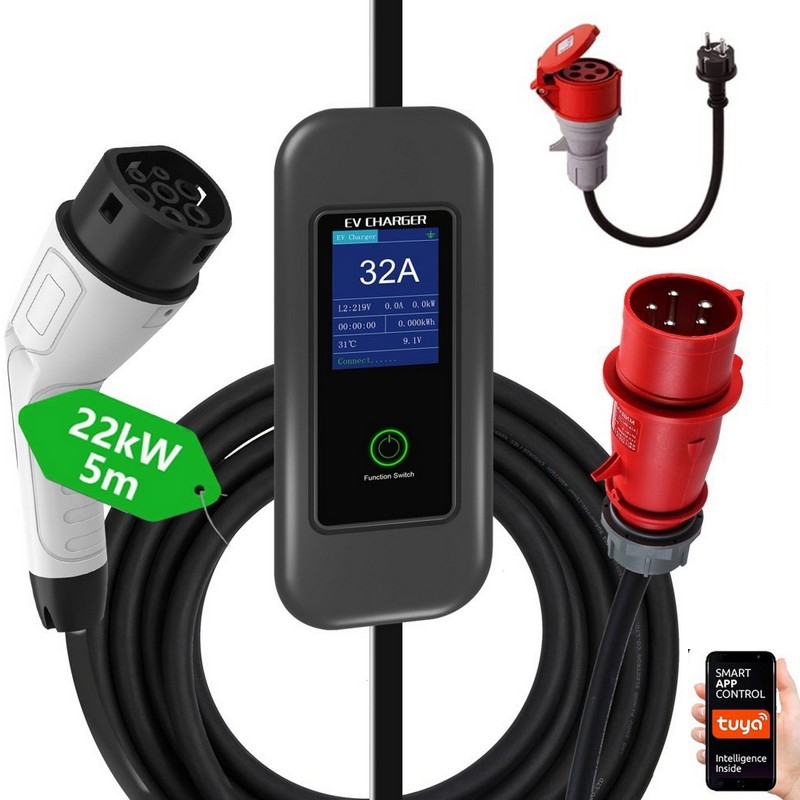 Immax - Cestovná nabíjacia stanica EV pre elektromobily AC Type 2 32A/380V 22kW + zástrčka 230V 5m Wi-Fi Tuya