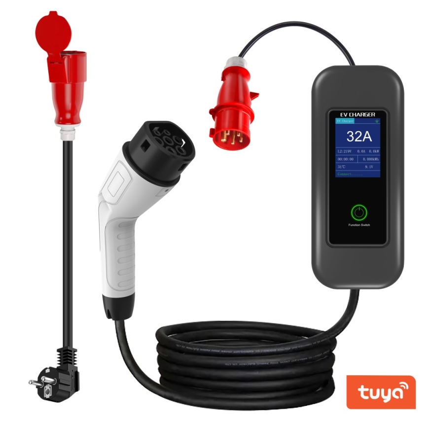 Nabíjačka pre elektromobily s káblom a vidlicami. Displej zobrazuje: EV CHARGER, 32A, 12:25:09, 0.0A, 0.0kW, 0.00kWh, 31°C, 9.1V, Connect. Funkčný spínač.