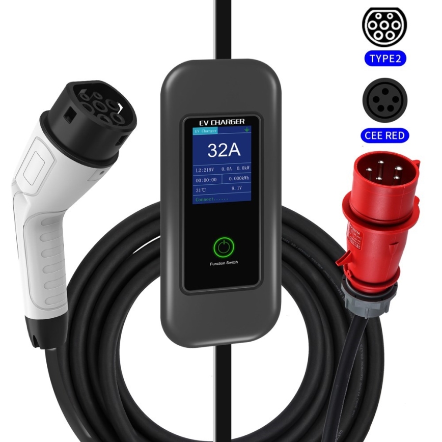 Nabíjačka pre elektromobily s displejom zobrazujúcim 32A, 12-219V, 0.04kW, 0.000kWh, 00:00:00, 31°C, 9.1V a funkciou zapínania/vypínania. Súčasťou je kábel s dvoma typmi konektorov: Type2 a CEE RED.