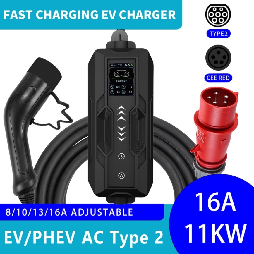 Immax - Cestovná nabíjacia stanica EV pre elektromobily AC Type 2 16A/380V 11kW + zástrčka 230V, 3,7kW 5m + puzdro