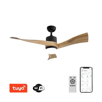 Drevený stropný ventilátor s čiernou základňou a integrovaným svetlom rotuje. Ovláda sa diaľkovým ovládačom a mobilnou aplikáciou s názvom „Zatknite“. Používa technológiu Tuya a Wi-Fi.