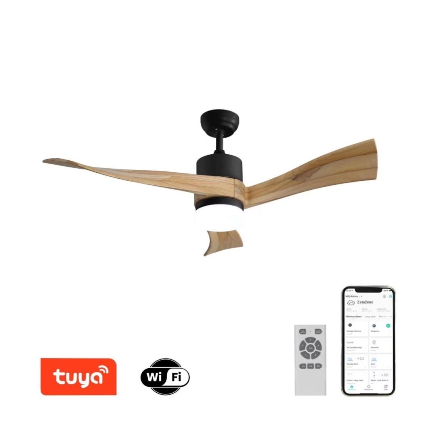 Drevený stropný ventilátor s čiernou základňou a integrovaným svetlom rotuje. Ovláda sa diaľkovým ovládačom a mobilnou aplikáciou s názvom „Zatknite“. Používa technológiu Tuya a Wi-Fi.