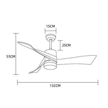 Trojlistý stropný ventilátor s rozmermi lopatiek 55 cm a priemerom 132 cm. Výška ventilátora je 25 cm, priemer objímky 15 cm. Ventilátor je znázornený v čiarovom výkrese.