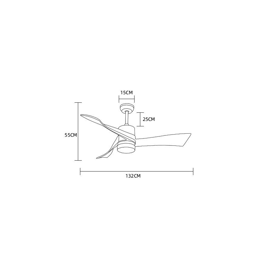 Trojlistý stropný ventilátor s rozmermi lopatiek 55 cm a priemerom 132 cm. Výška ventilátora je 25 cm, priemer objímky 15 cm. Ventilátor je znázornený v čiarovom výkrese.